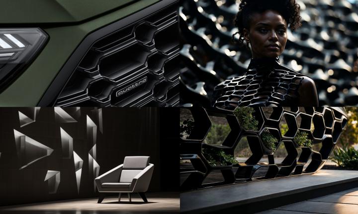 A Curated Collection — Audi AI generated image of a woman wearing a heavily-textured, seemingly metal outfit featuring geometric shapes