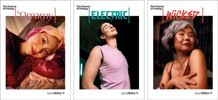 Three column image - first column is image of a young woman with bline and pink hair with copy "The Science of Feeling Dreamy"; Second is a man in pink shirt looking upwards with copy "The Science of Feeling Electric; Third is image of a woman with gray hair and arms crossed with the copy "The Science of Feeling Wicked"