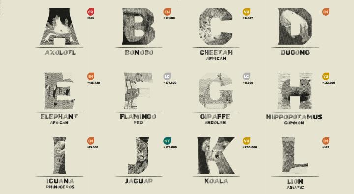 The Endangered Typeface — WWF Portugal and Lisbon Zoo Letters A - L of the Endangered Typeface font