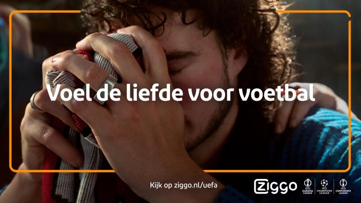 Experience the Love of Football Together — Ziggo Sport Man nervously crossing hands in front of bowed head with text overlay "Voel de liefde voor voetbal"