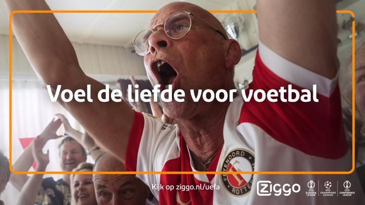 Experience the Love of Football Together — Ziggo Sport Man celebrating in crowd at football match with text overlay "Voel de liefde voor voetbal"