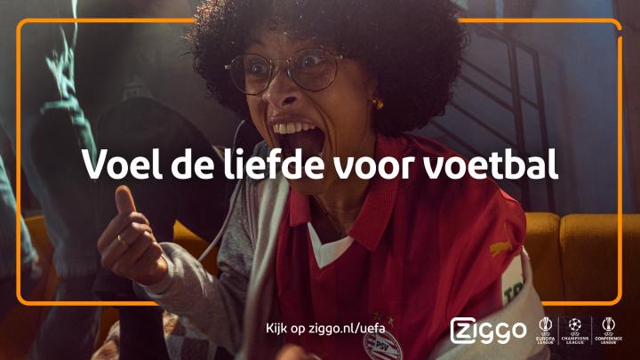 Experience the Love of Football Together — Ziggo Sport Woman with excited expression with text overlay "Voel de liefde voor voetbal"