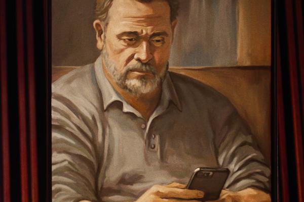 Painting of a man looking down at a phone he is holding in his hands
