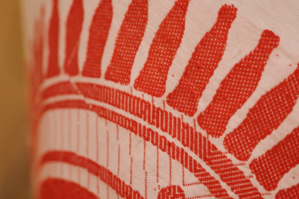 Close up of white saree with red pattern - shaped like Coca-Cola bottles
