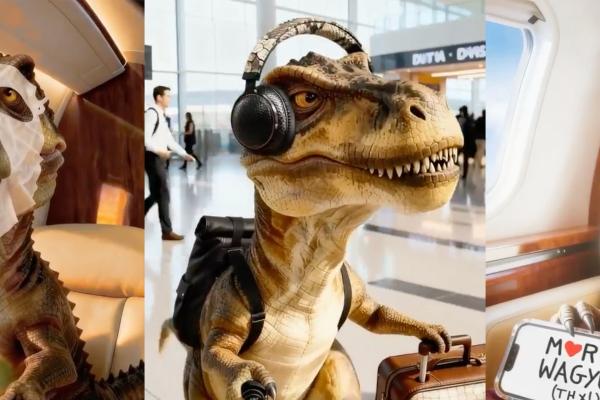 Wide shot of a T-Rex dinosaur model wearing black headphones sitting in an airport terminal with a brown leather suitcase. A luggage tag reading 'MORE WAGYU (THX!)' is visible. The background shows travelers walking through the modern airport concourse with retail signage visible