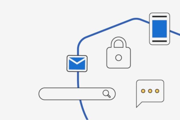 graphic showing the outline of blue shield symbol on a white backgroud, the line passing through an internet search bar, a mail icon, a phone icon, and inside the shield are a padlock icon and an incomin text three dots icon