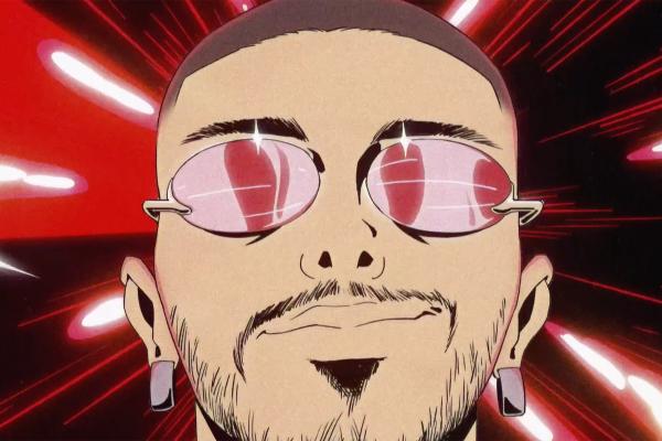 A close-up, anime-style illustration of a man's face. He has short dark hair, a neatly trimmed beard, and small square earrings. He is wearing distinctive rectangular, red-tinted sunglasses that reflect bright white light. The background is a vibrant red with radiating white streaks, giving a sense of energy or speed.