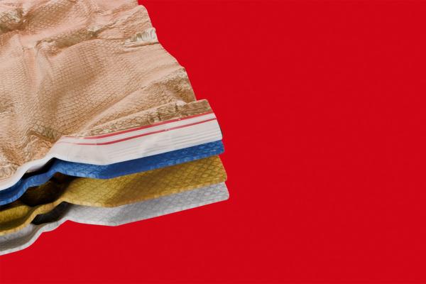 Close-up of layered protective material inside a smartphone wrapper on a red background.