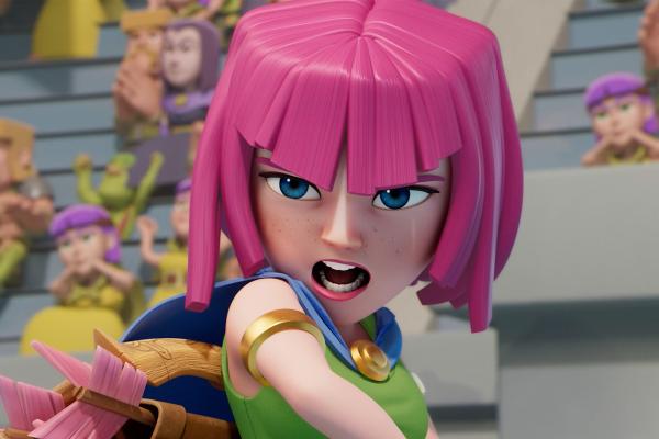 A close-up 3D render of the pink-haired Archer character from Clash of Clans, shouting with a fierce, determined expression, against a blurred stadium crowd.