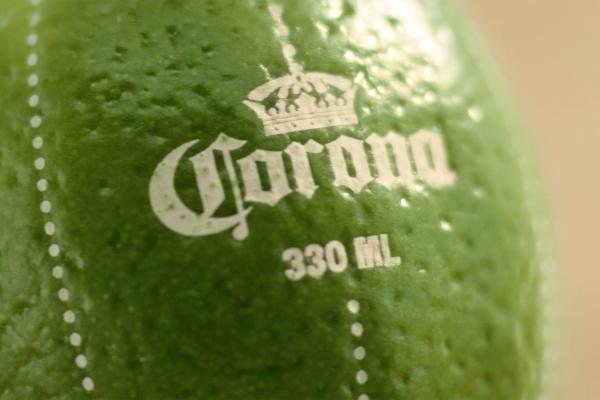 A Lime with the corona logo on it in white and white guide lines on it