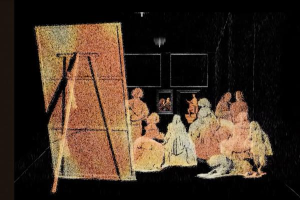Pointillist painting of people sitting net to an artist who is painting on a very large easel