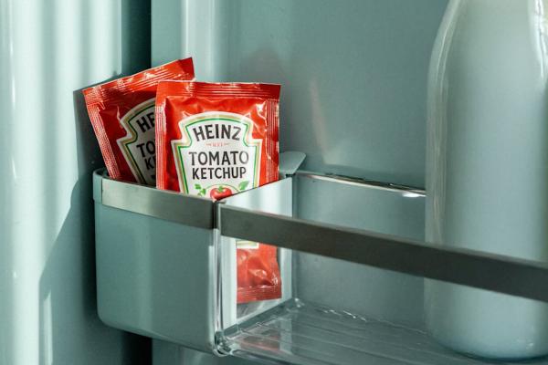 Two Heinz tomato ketchup packes standing upright on a refrigerator shelf