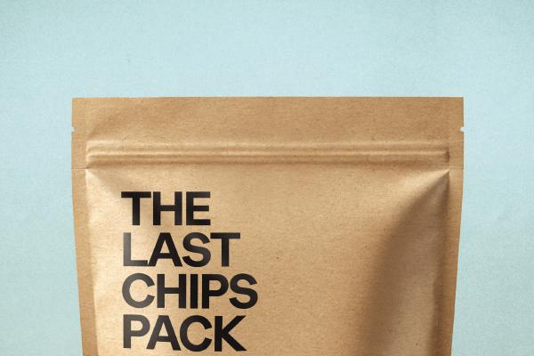 Brown paper zip top packet with black caps copy: The Last Chips Pack