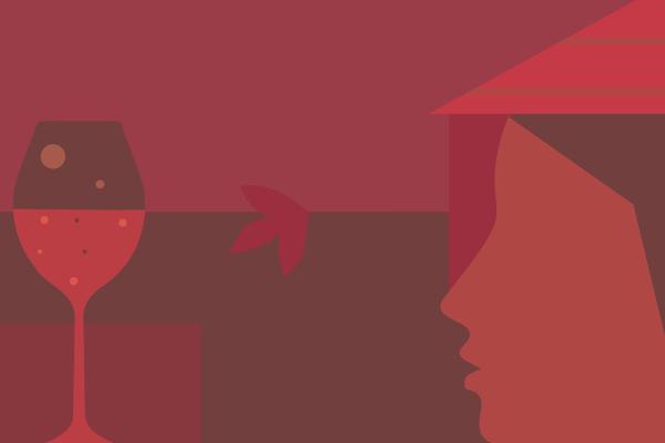 red silhoutteed drawing of a womans face in profile and a wine glass