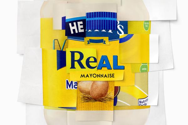 Hellmann's mayo jar label made up of a collage of other blue and yellow mayo jar labels