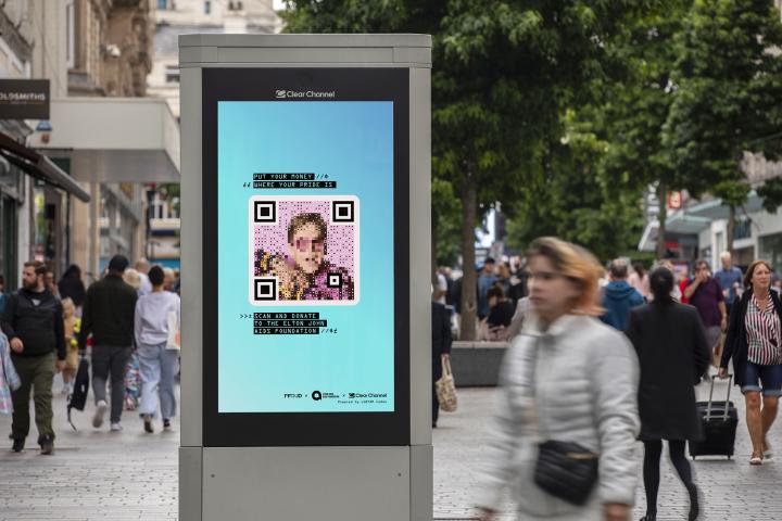 LGBT-QR Codes with Ogilvy UK, the Elton John Aids Foundation and Clear Channel UK Blue high street billboard featuring Elton John